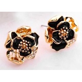 Gold Filled Rose Shape Stud Earrings with Black Enamel